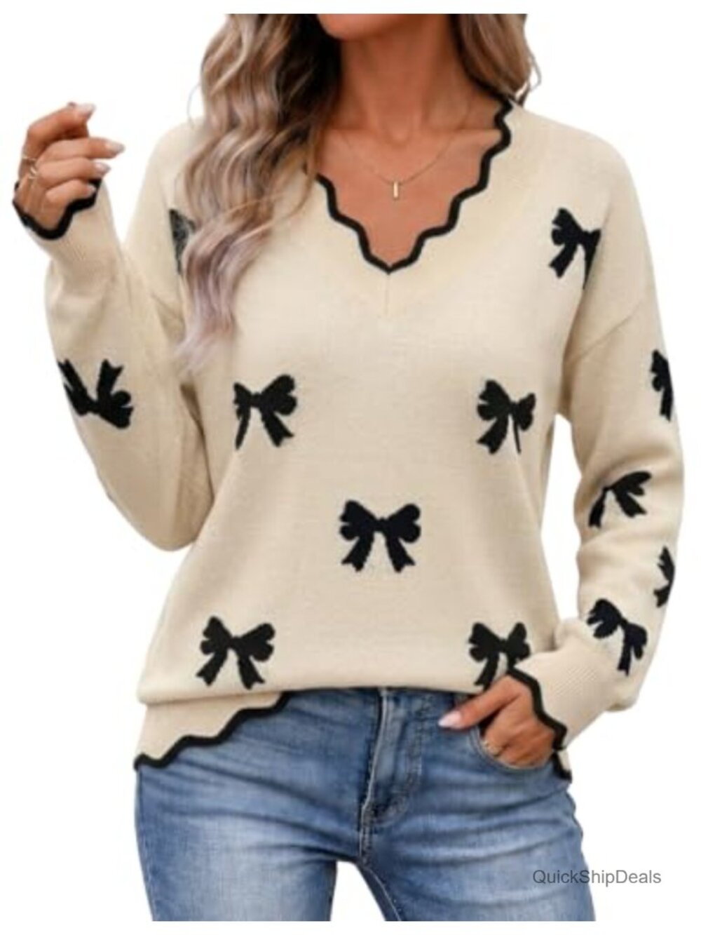 Womens V Neck Long Sleeve Knit Pullover Sweater Scalloped Trim